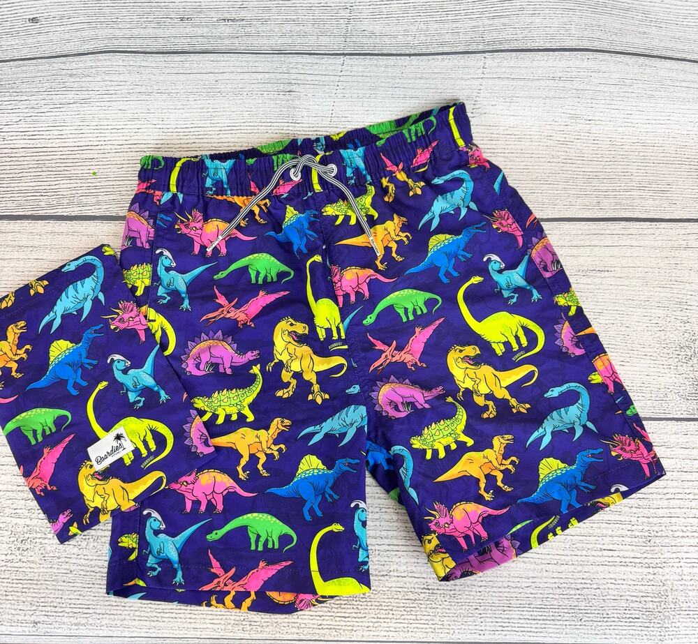 Boardies Boy's Purple Rainbow Dinosaur Printed Swim Trunks Size 11/12
